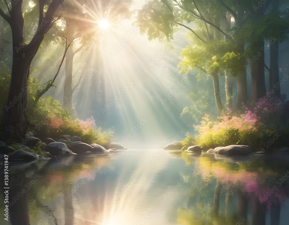 Poster ethereal light beams, a serene background with soft rainbow hues creating airy warmth. gentle bright