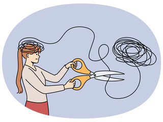 Woman gets rid of mental problems by cutting off tangled threads coming from head with large scissors. Girl struggles with mental disorder that causes psychological discomfort and melancholy