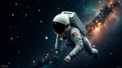 A digital artwork of an astronaut floating in deep space surrounded by stars and galaxies