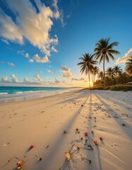 Fototapeta premium A serene beach scene featuring tall, swaying palm trees casting gentle shadows on the golden sand, adorned with vibrant tropical flowers in full bloom, creating a picturesque paradise.