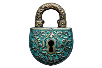 Antique teal ornate padlock secrets guarded vintage brass accents isolated white background