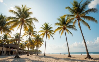 Obraz premium A picturesque beach scene featuring tall, swaying palm trees casting shadows on the warm golden sand. Groups of people stroll leisurely along the shoreline, enjoying the sun and ocean breeze.