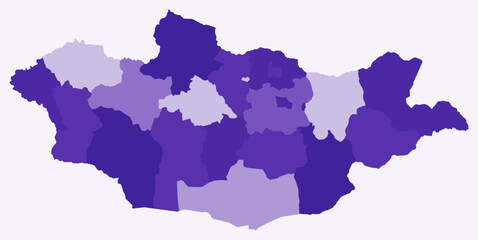 Obraz premium Map of Mongolia with regions. A simple country border map with region division. Deep purple color palette. Flat Mongolia shape with administrative division. Vector illustration.