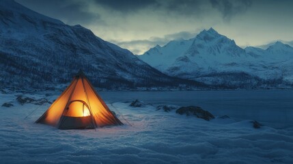 Cozy camping tent illuminated in snowy mountains with a lake at dusk