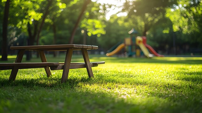 Classic wooden picnic table on sunny park lawn, colorful playground blurred in background under leafy trees with gentle shadows.  