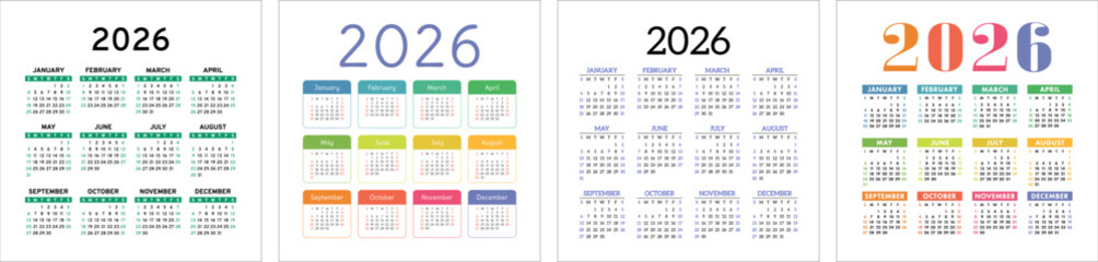 2026 year calendar set. Color vector pocket calender design. Week starts on Sunday. January, February, March, April, May, June, July, August, September, October, November, December