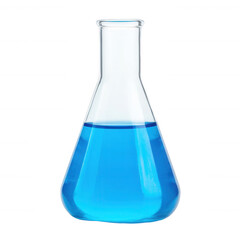 A clear glass laboratory flask filled with vibrant blue liquid, showcasing its shape and color with a white isolated background for emphasis.