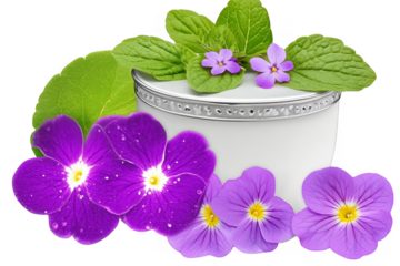 Isolated Floral Illustration of Purple Flowers and Green Leaves on White Vase