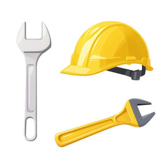 A collection of construction tools including a yellow hard hat and wrenches, displayed on a white isolated background. Perfect for illustrating safety and construction themes.