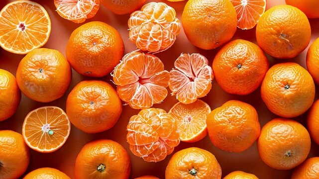 Citrus Orchard: An inviting overhead view showcases a vibrant assortment of ripe tangerines, some whole and some peeled, arranged to create an appetizing display. 