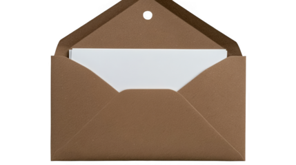Isolated Photo Of An Open Brown Envelope With White Paper And Transparent Background