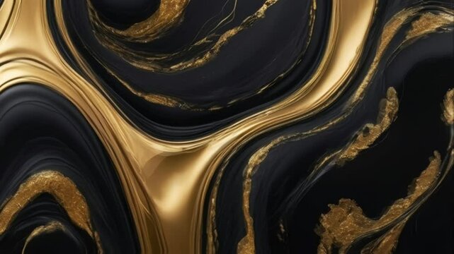 Sleek and luxurious abstract motion with flowing strokes of gold and black paint. Ideal for presentation backgrounds, video openings, or elegant motion graphics. Smooth transitions and rich textures. 