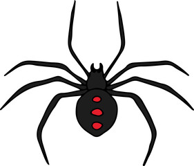 black widow spider with red spots hand drawn with curved black lines contours, top view