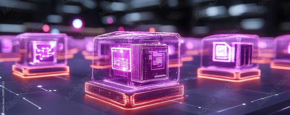 Poster futuristic digital cubes displaying interconnected files and processing data