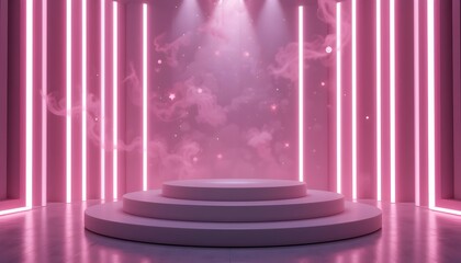 Round Display Platform with Pink Neon Lights and Smoke Effect