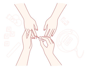 Fototapeta premium An illustration shows hands in nail care, featuring tools and products for perfect manicures and pedicures