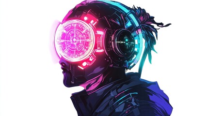 Cyberpunk profile portrait of a person with futuristic headset.
