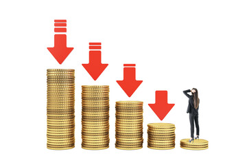 Businesswoman on coin stacks with red downward arrows, isolated on white background, symbolizing...