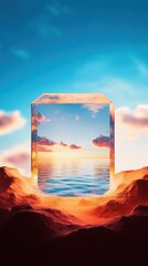 A stunning portal stands amidst rocky terrain, framing a tranquil sunset that reflects on peaceful water. The sky is a blend of vibrant hues, making the scenery dreamlike