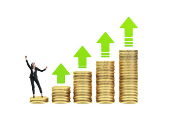 Woman in business attire stands on golden coins next to increasing stacks with green upward arrows,...