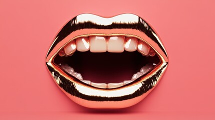 Naklejka premium Glossy metallic lips are wide open against a bright pink background, showcasing a striking design with white teeth visible. The bold colors create a captivating visual effect