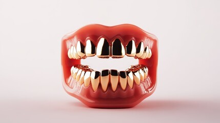 A striking dental art piece featuring a realistic mouth model adorned with shiny gold grills. The setup highlights contemporary art trends in a clean, minimal studio environment