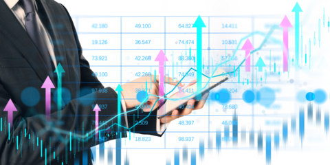 Businessman holding tablet with forex and stock market graphs, digital abstract style, on white background, concept of financial analysis