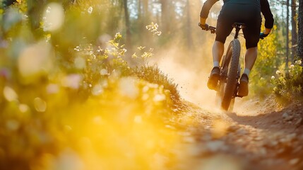 Fototapeta premium Man in sportswear riding bicycle on forest path, back view, golden hour, bright rays of sunset, blurred nature background