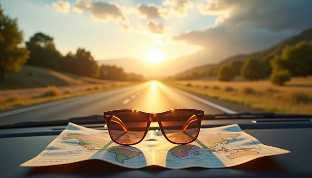 Sunglasses on map inside car with scenic road at sunset