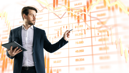 Businessman holding tablet and pointing at abstract financial charts, clean layout, white background, concept of market analysis and growth