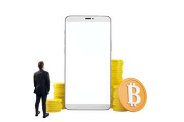 Businessperson next to oversized smartphone and stacked Bitcoin coins, clean isolated layout, on white background, concept of digital finance