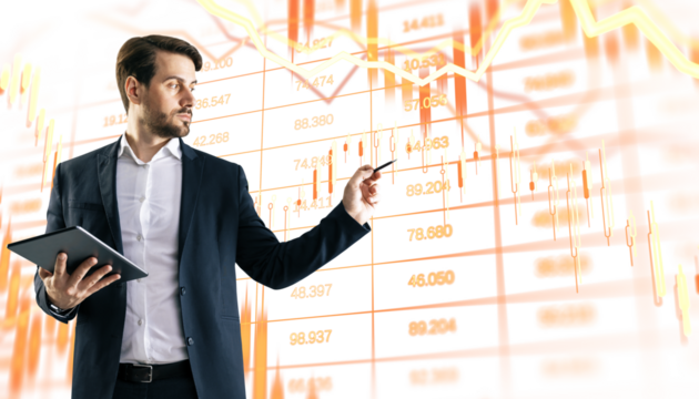 Businessman holding tablet and pointing at abstract financial charts, clean layout, white background, concept of market analysis and growth