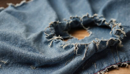 Distinctive Large Hole in Worn Blue Denim Fabric for Fashion and Textile Design