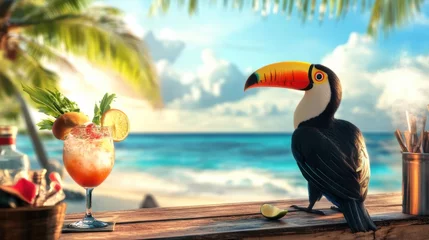 Fototapete Rund Tropical bar setting with a toucan and colorful cocktail by the beach at sunset © BlackLion
