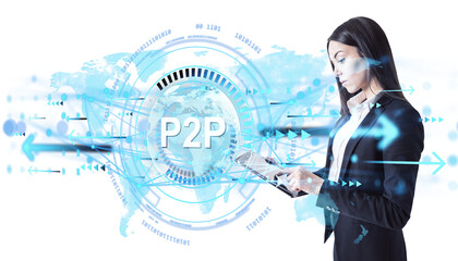 Businesswoman in formal suit using tablet, digital abstract elements and world map overlay, on clean white background, concept of P2P network