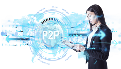 Businesswoman in formal suit using tablet, digital abstract elements and world map overlay, on clean white background, concept of P2P network
