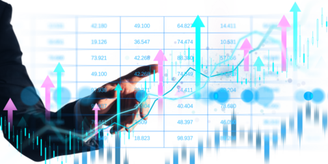 Businessman hand pointing at rising forex and stock market charts, clean digital style on white background, concept of financial growth