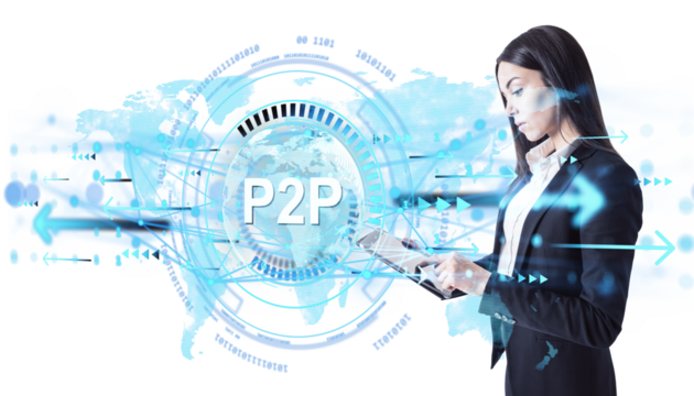 Businesswoman in formal suit using tablet, digital abstract elements and world map overlay, on clean white background, concept of P2P network