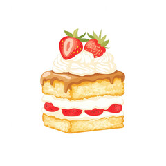 A delicious slice of cake topped with fresh strawberries and whipped cream, perfect for dessert lovers. Ideal for culinary illustrations or bakery-related designs.