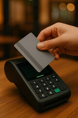 Minimalist Credit Card Payment on Warm Wooden Counter with Soft Lighting