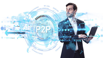 Confident businessman holding laptop with glowing P2P digital interface, arrows, and world map overlay on clean white background, symbolizing tech