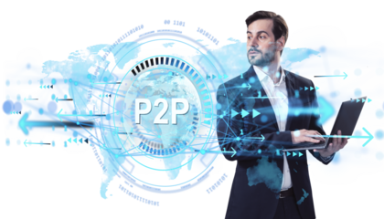 Confident businessman holding laptop with glowing P2P digital interface, arrows, and world map overlay on clean white background, symbolizing tech
