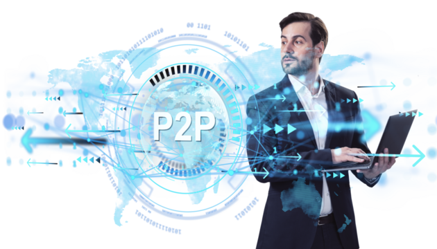 Confident businessman holding laptop with glowing P2P digital interface, arrows, and world map overlay on clean white background, symbolizing tech