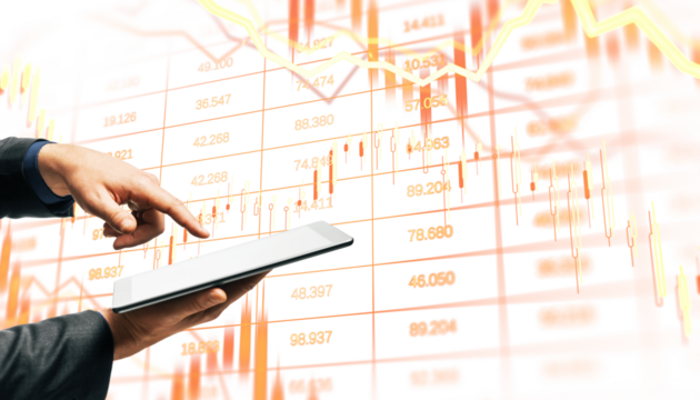Person using digital tablet with currency and stock market charts, light background, concept of online trade, market growth, and investment