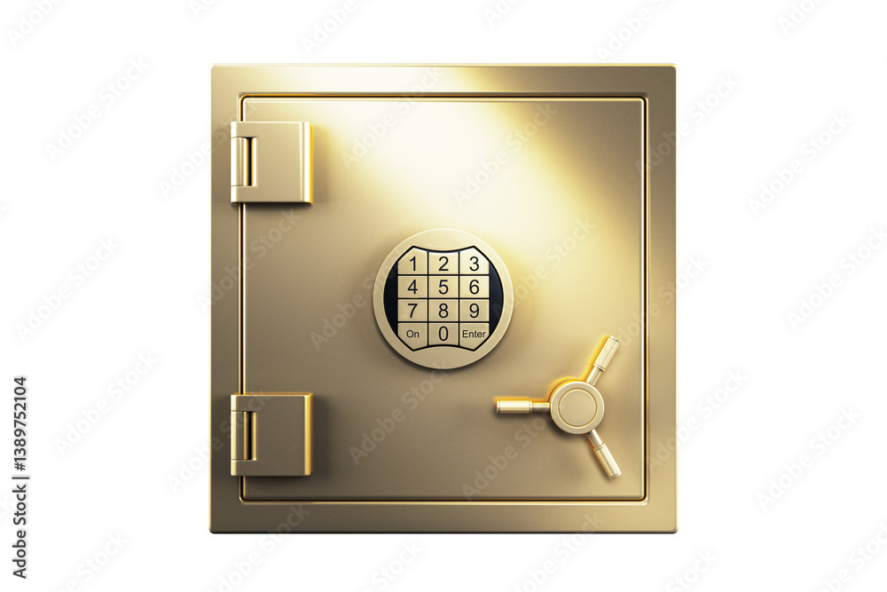 Poster Golden secure safe box with keypad and lock handle, metallic clean style, isolated on white background. Concept of finance security. 3D Rendering