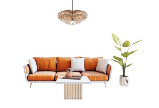 Orange modern sofa with white pillows, coffee table, green potted plant and wicker pendant light isolated on white background. 3D Rendering