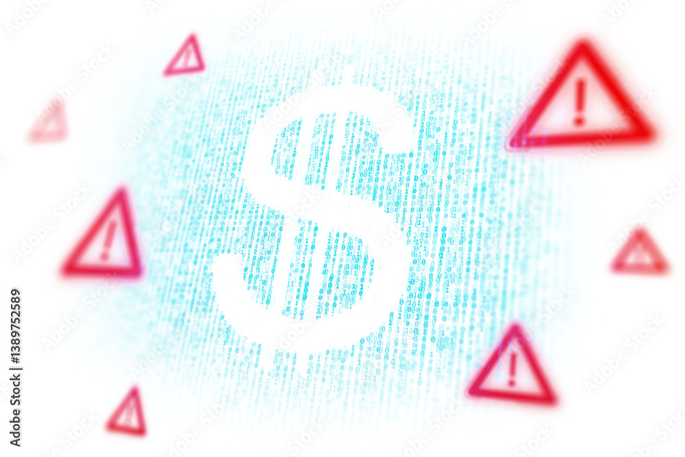 Aufkleber Dollar sign symbol in binary code with warning alert icons, modern digital style on white background, concept of finance security and currency danger, 3D Rendering