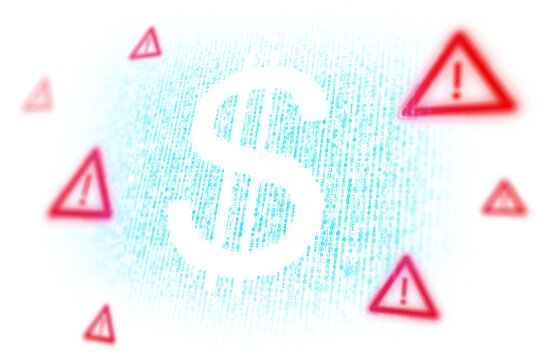 Dollar sign symbol in binary code with warning alert icons, modern digital style on white background, concept of finance security and currency danger, 3D Rendering
