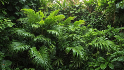 Fototapeta premium Lush Green Tropical Plants Bush Creating a Vibrant Indoor Environment