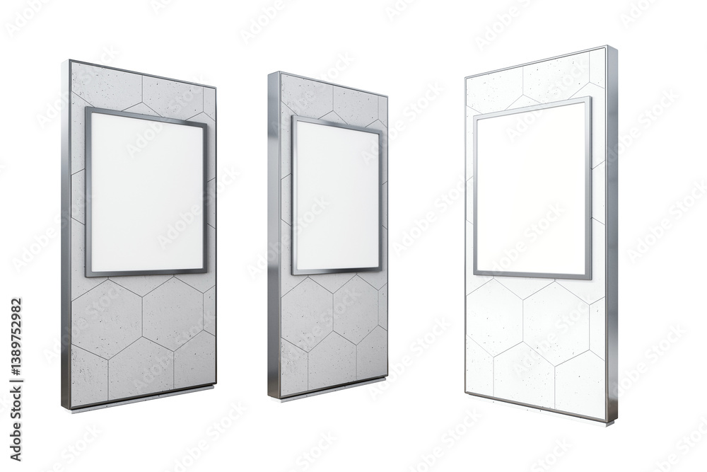 Poster three modern vertical display boards with hexagon tile texture and blank screen, isolated on white b